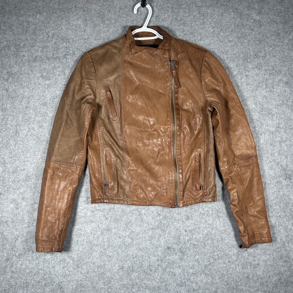 AllSaints Leather Jacket Women 6 Brown Biker Moto Distressed Asymmetric Zip Edgy
